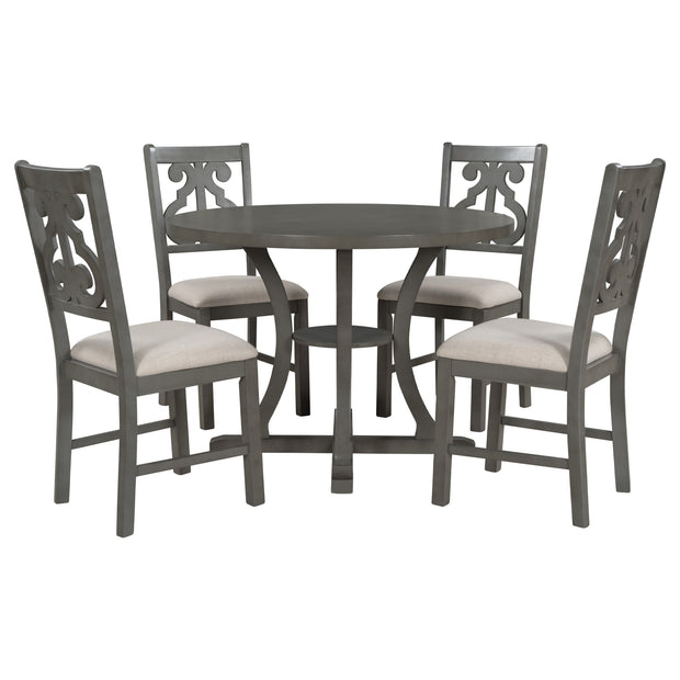 5-Piece Round Dining Set with Special-shaped Legs and an Exquisitely Designed Hollow Chair Back (Gray)