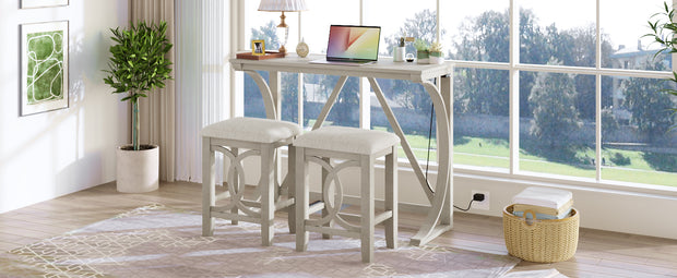 Farmhouse 3-Piece Counter Height Dining/Bar Set with USB Port and Upholstered Stools,Cream