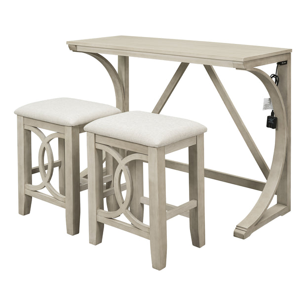 Farmhouse 3-Piece Counter Height Dining/Bar Set with USB Port and Upholstered Stools,Cream