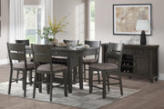 Counter Height 7pc Dining Set Gray Finish Dining Table w 4 Drawers Wine Rack, Display Shelf and 6 Chairs