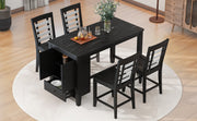 5 Piece Counter Height Dining Set with Faux Marble Tabletop, Solid Wood Table Set with Storage Cabinet and Drawer, Black