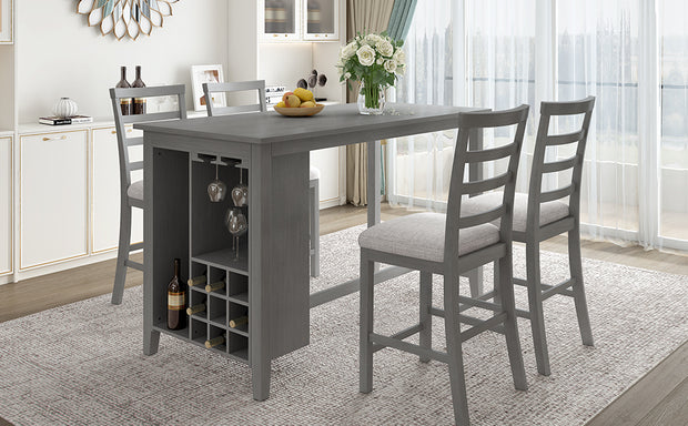 5-Piece Multi-Functional Rubberwood Counter Height Dining Set with Padded  Chairs and Integrated 9 Bar Wine  Compartment, Wineglass Holders  (Gray)