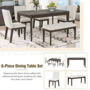 6-Piece Dining Table Set with Upholstered Dining Chairs and Bench,Farmhouse Style, Tapered Legs, Dark Gray+Beige