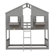 Twin over Twin House Bunk Bed with Roof , Window, Window  Box, Door , with Safety Guardrails and Ladder, Grey