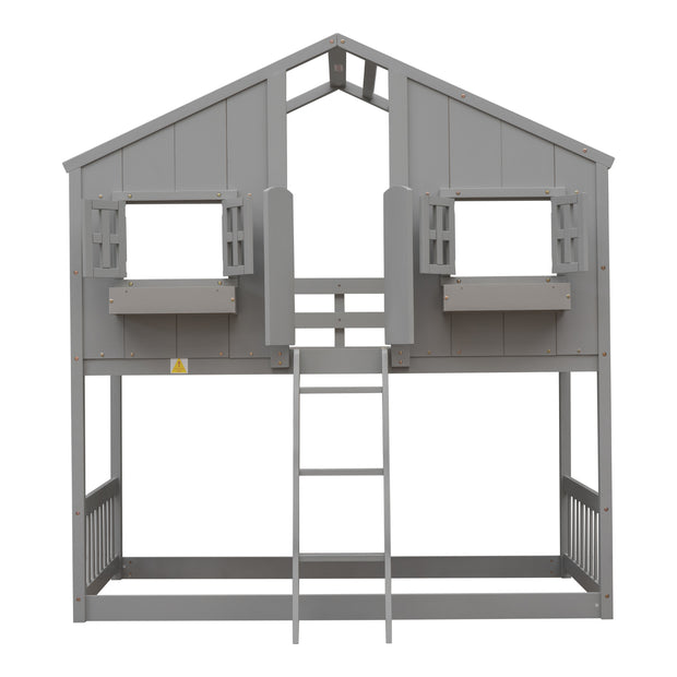 Twin over Twin House Bunk Bed with Roof , Window, Window  Box, Door , with Safety Guardrails and Ladder, Grey