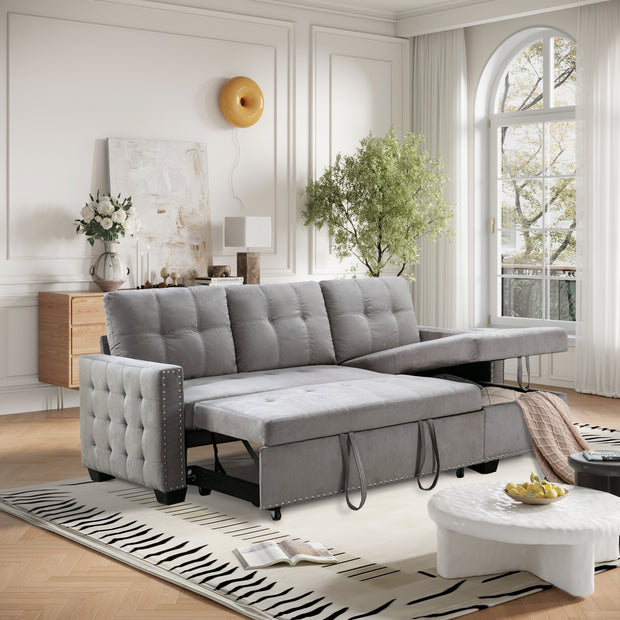 77 Inch Reversible Sleeper Sectional with Storage Chaise, Light Grey