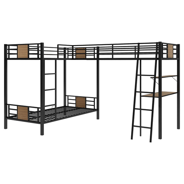 L-Shaped Twin over Twin Bunk Bed with Twin Size Loft Bed with Desk and Shelf ,Brown