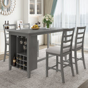 5-Piece Multi-Functional Rubberwood Counter Height Dining Set with Padded  Chairs and Integrated 9 Bar Wine  Compartment, Wineglass Holders  (Gray)