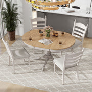 5-Piece Retro Dining Set, Wood Round Extendable Dining Table and 4 Upholstered Dining Chairs (Off White)