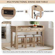 4-piece Dining Bar Set with 3 Upholstered Stools, Multifunctional Dining Table with 3 Drawers (Natural Wood Wash)