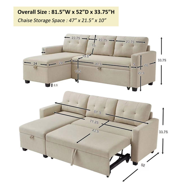 Convertible Sleeper Sectional Sofa with Storage Chaise, Beige