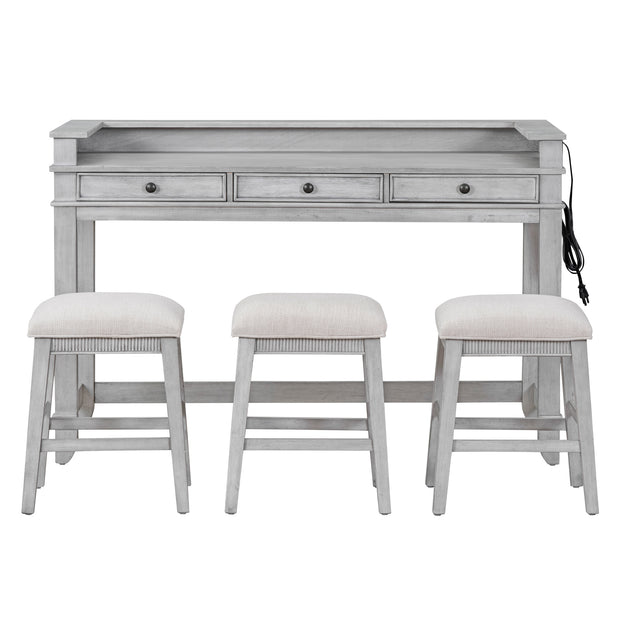 4-piece Dining Bar Set with 3 Upholstered Stools, Multifunctional Dining Table with 3 Drawers (Gray)