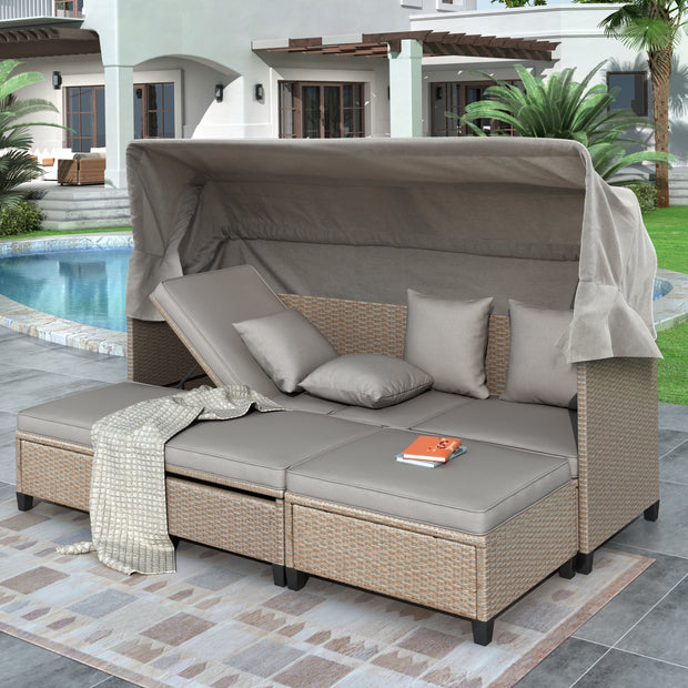 4 Piece UV-Proof Resin Wicker Outdoor Sofa Set with Retractable Canopy, Cushions and Lifting Table