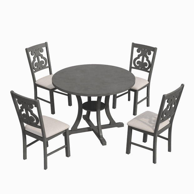 5-Piece Round Dining Set with Special-shaped Legs and an Exquisitely Designed Hollow Chair Back (Gray)