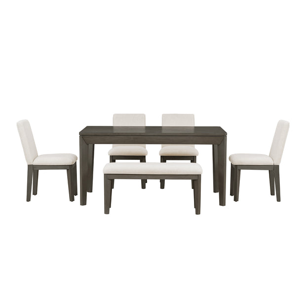 6-Piece Dining Table Set with Upholstered Dining Chairs and Bench,Farmhouse Style, Tapered Legs, Dark Gray+Beige