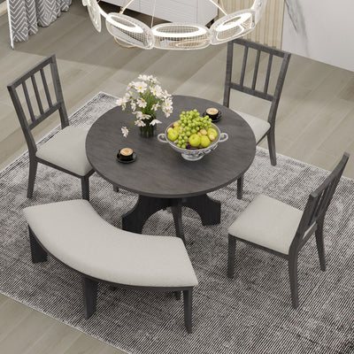 5-Piece Dining Table Set, 44" Round Dining Table with Curved Bench & Side Chairs  (Grey)