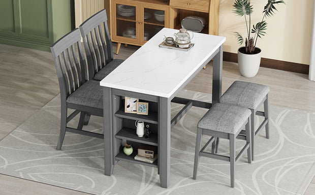 5-piece Counter Height Dining Table Set with Built-in Storage Shelves,Grey