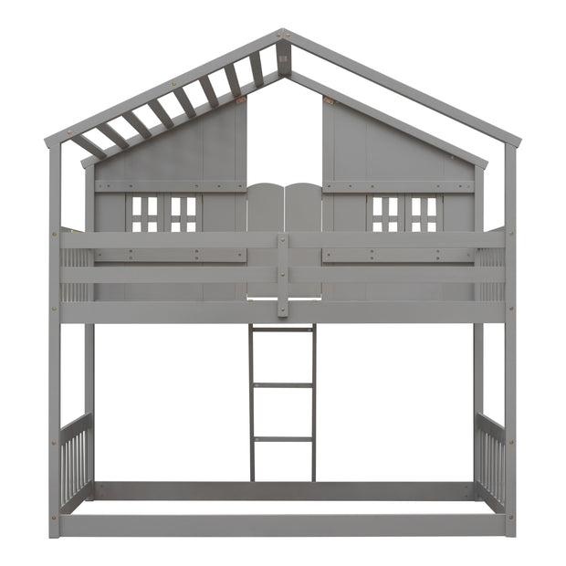 Twin over Twin House Bunk Bed with Roof , Window, Window  Box, Door , with Safety Guardrails and Ladder, Grey