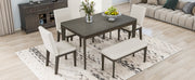 6-Piece Dining Table Set with Upholstered Dining Chairs and Bench,Farmhouse Style, Tapered Legs, Dark Gray+Beige