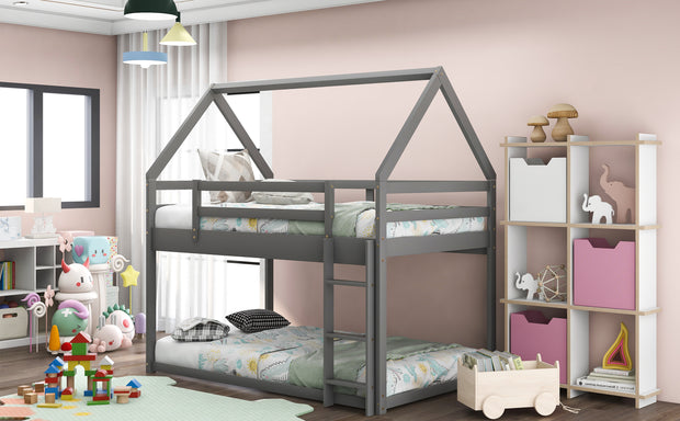 Twin over Twin Low Bunk Bed, House Bed with Ladder