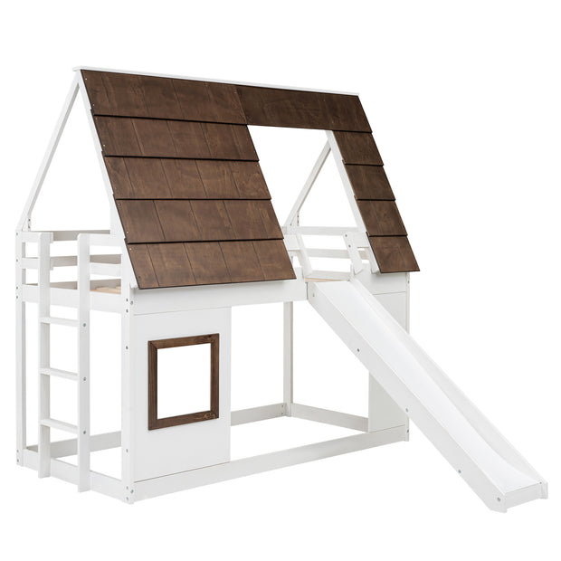 Wood Twin Size House Bunk Bed with Roof, Ladder and Slide, White+Brown