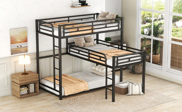 L-shaped Metal Triple Twin Size Bunk Bed, Black