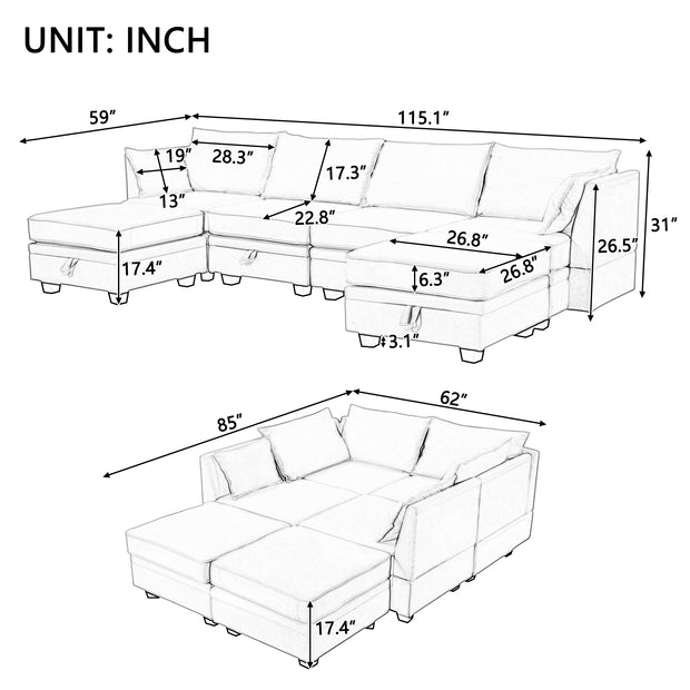 U-Shape Modular Sectional Sofa,  Convertible Sofa Bed with Reversible Chaise