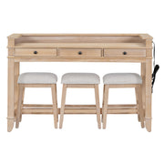 4-piece Dining Bar Set with 3 Upholstered Stools, Multifunctional Dining Table with 3 Drawers (Natural Wood Wash)