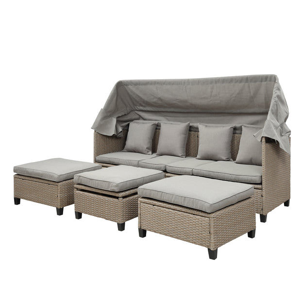 4 Piece UV-Proof Resin Wicker Outdoor Sofa Set with Retractable Canopy, Cushions and Lifting Table