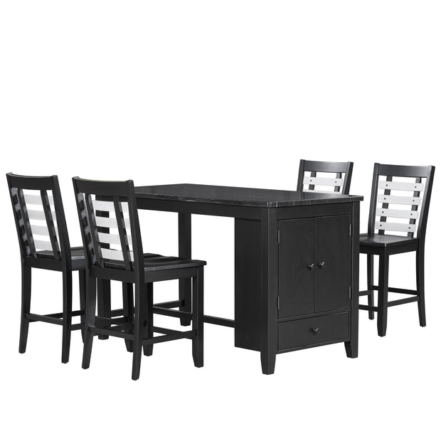 5 Piece Counter Height Dining Set with Faux Marble Tabletop, Solid Wood Table Set with Storage Cabinet and Drawer, Black