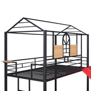 Twin Over Twin Metal Bunk Bed , House With Slide,Three Colors Available.(Black with Red Slide