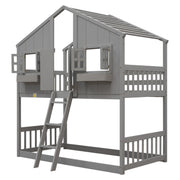 Twin over Twin House Bunk Bed with Roof , Window, Window  Box, Door , with Safety Guardrails and Ladder, Grey