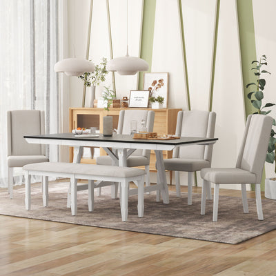 6-Piece Classic Dining Set with Extendable Table with two 12"W Removable Leaves (to 78”) and 4 Upholstered Chairs & Bench (White+Black)