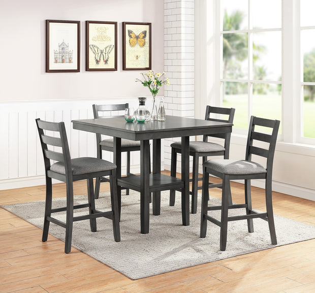 5pc Counter Height Dining Set -Table w Shelves Cushion Seat Ladder Back High Chairs Solid wood