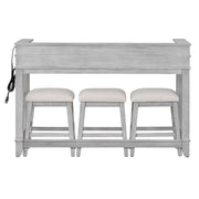 4-piece Dining Bar Set with 3 Upholstered Stools, Multifunctional Dining Table with 3 Drawers (Gray)