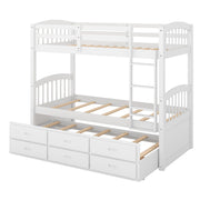 Twin over Twin Wood Bunk Bed with Trundle and Drawers,White