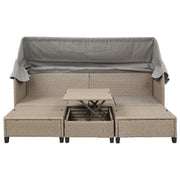 4 Piece UV-Proof Resin Wicker Outdoor Sofa Set with Retractable Canopy, Cushions and Lifting Table