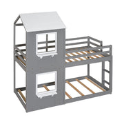 Twin Over Twin Bunk Bed Wood Bed with Roof, Window, Guardrail, Ladder (White)