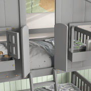 Twin over Twin House Bunk Bed with Roof , Window, Window  Box, Door , with Safety Guardrails and Ladder, Grey