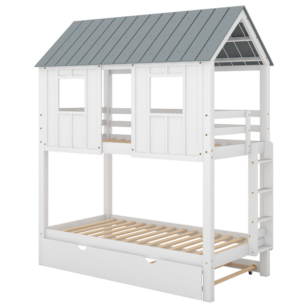 House Bunk Bed with Trundle,Roof and Windows,White