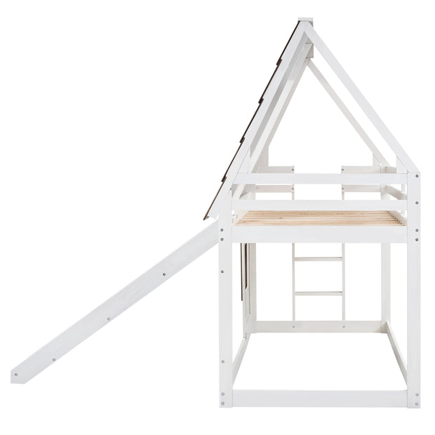 Wood Twin Size House Bunk Bed with Roof, Ladder and Slide, White+Brown