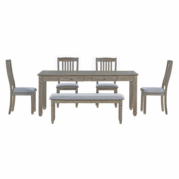 6-Piece Retro 72'L Wood Dining Set with 4 Drawers , 4 Upholstered Chairs & 1 Bench (Grey)