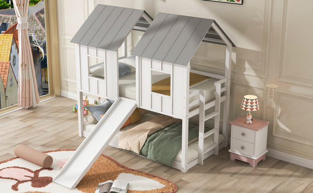 Twin over Twin House Bunk Bed with Slide and Windows,White