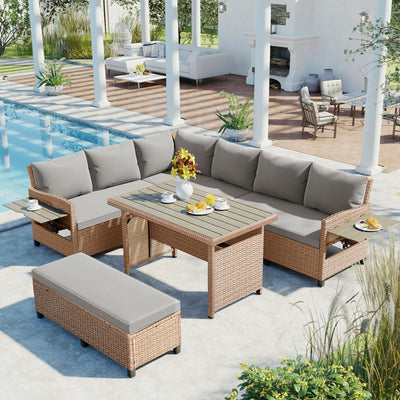 5-Piece Outdoor Patio Rattan Furniture Set with 2 Extendable Side Tables., Dining Table and Washable Covers