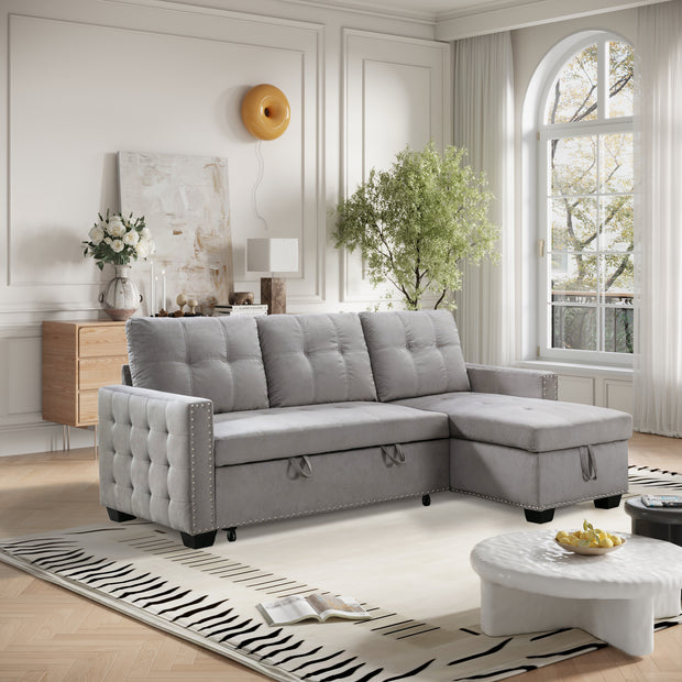 77 Inch Reversible Sleeper Sectional with Storage Chaise, Light Grey