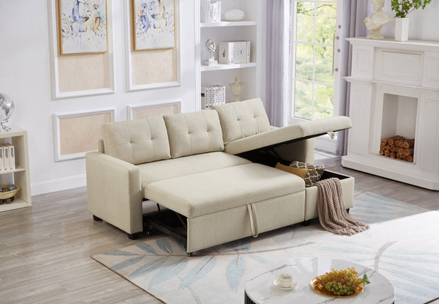 Convertible Sleeper Sectional Sofa with Storage Chaise, Beige