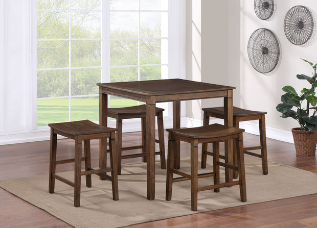 Compact Farmhouse 5-Pack Counter Dining Set - Plank Effect Table Top - Shaped Counter Stool Seat - Perfect for Apartments or Smaller Homes