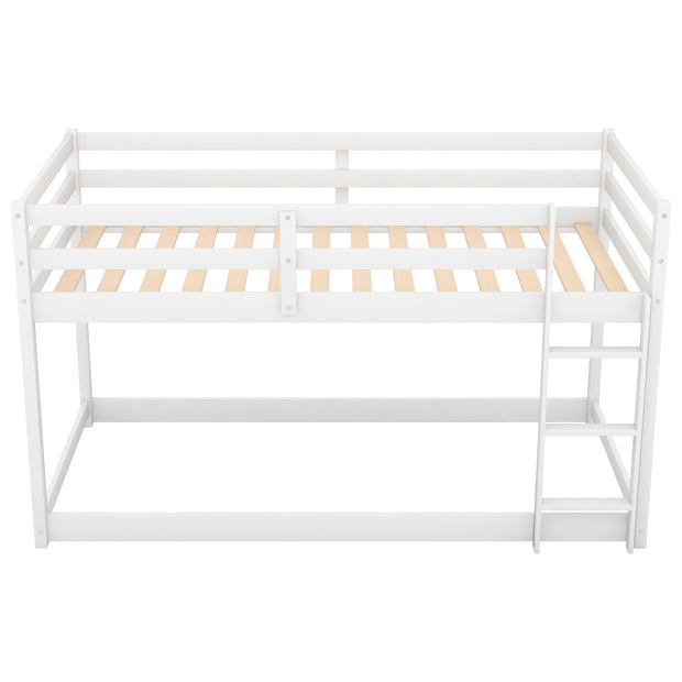 Twin over Twin Floor Bunk Bed with Ladder , White