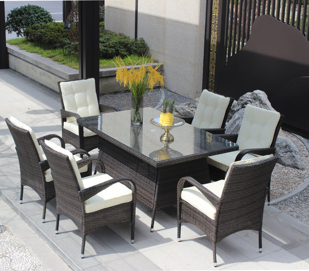 7-Piece Outdoor Dining Set with Table & 6 Chairs (Brown & Beige)