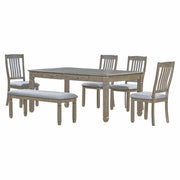 6-Piece Retro 72'L Wood Dining Set with 4 Drawers , 4 Upholstered Chairs & 1 Bench (Grey)